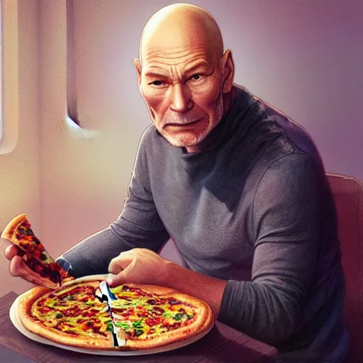 Image similar to portrait of Patrick Stewart eating pizza, highly detailed, digital painting, artstation, concept art, sharp focus, illustration, art by artgerm and greg rutkowski and alphonse mucha