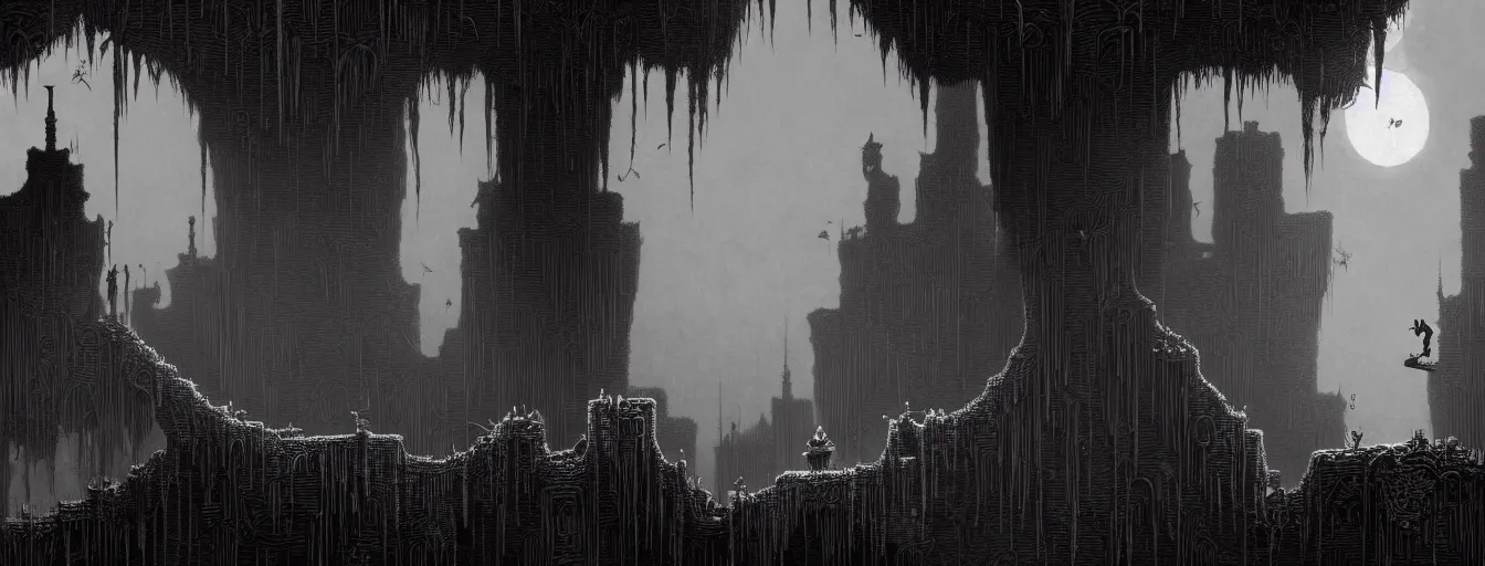 Image similar to gothic underground domain side - scrolling 2 d platformer level by nicolas delort, zdizslaw beksinski, victo ngai, josan gonzalez, kilian eng