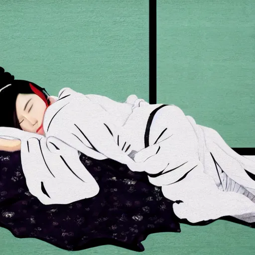 Prompt: hypperrealistic portrait of asian female in half open kimono sleeping in the floor covered by white blanket with black fluid splashes