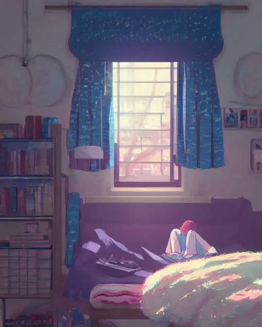 Image similar to a full shot of a teenage girl chilling in her dorm, moe, kawaii, pretty, lovely, detailed face, digital art by makoto shinkai and claude monet