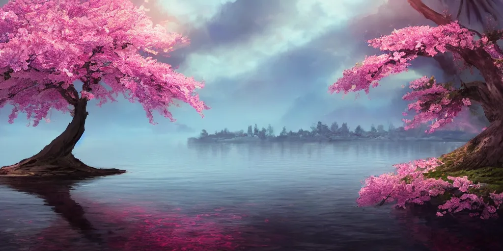 Prompt: a single sakura tree growing upon an island in a lake, cherry blossoms, illustration, light beams, digital art, oil painting, fantasy, 8 k, trending on artstation, detailed