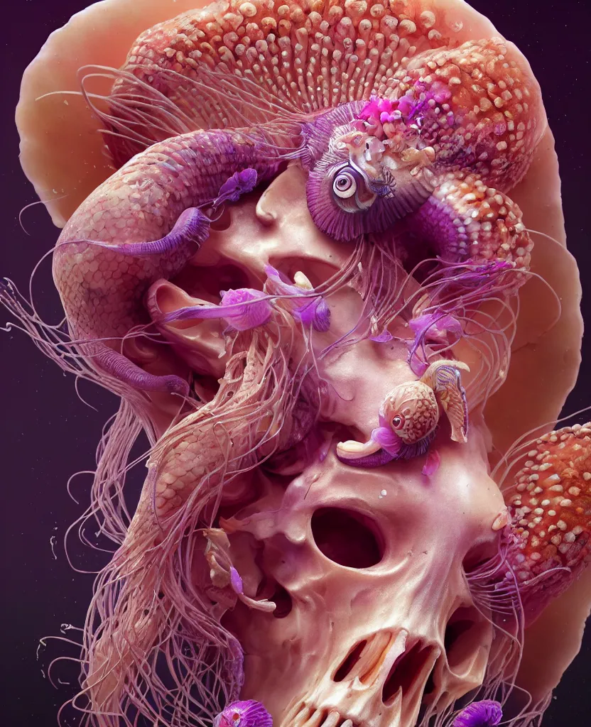 Image similar to goddess princess face close-up portrait ram skull. jellyfish phoenix head, nautilus, orchid, skull, betta fish, bioluminiscent creatures, intricate artwork by Tooth Wu and wlop and beeple. octane render, trending on artstation, greg rutkowski very coherent symmetrical artwork. cinematic, hyper realism, high detail, octane render, 8k