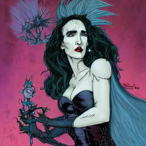 Image similar to Jennifer Connelly as dark fae gothic atompunk evil Disney villain queen with black feather hair, feathers growing out of skin, in front of space station window, Mike mignola, trending on artstation, comic book cover, illustration