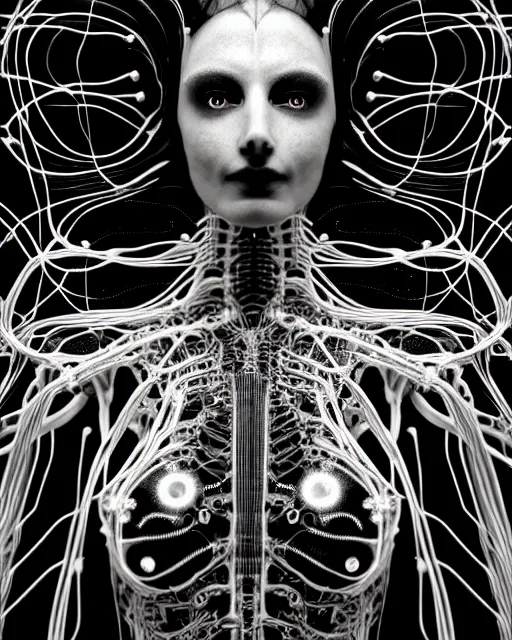 Image similar to black and white cyborg - plant goddess high quality photo, microchip, artificial intelligence, bio - mechanical bio - luminescence, black wired cables, neurons, nerve cells, cinematic, rim light, photo - realistic, high detail, 8 k, masterpiece, high fashion, in the style of steven meisel dora maar h. g. giger