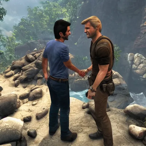 Image similar to nathan drake from uncharted shaking hands with donald trump