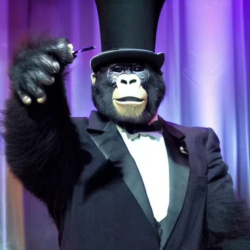 Prompt: a gorilla wearing a tuxedo and top hat while performing magic on a stage in Las Vegas