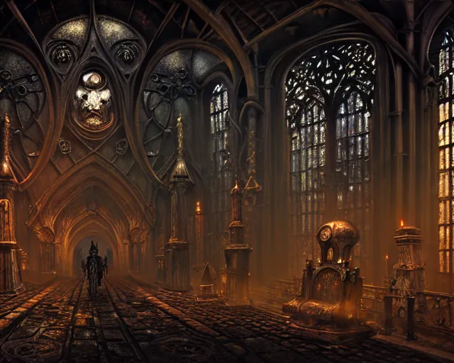 Image similar to steam necropolis, memento mori, gothic, neo - gothic, art nouveau, hyperdetailed copper patina medieval icon, stefan morrell, philippe druillet, ralph mcquarrie, concept art, steampunk, unreal engine, detailed intricate environment, octane render, moody atmospherics, volumetric lighting, ultrasharp, ominous, otherworldly