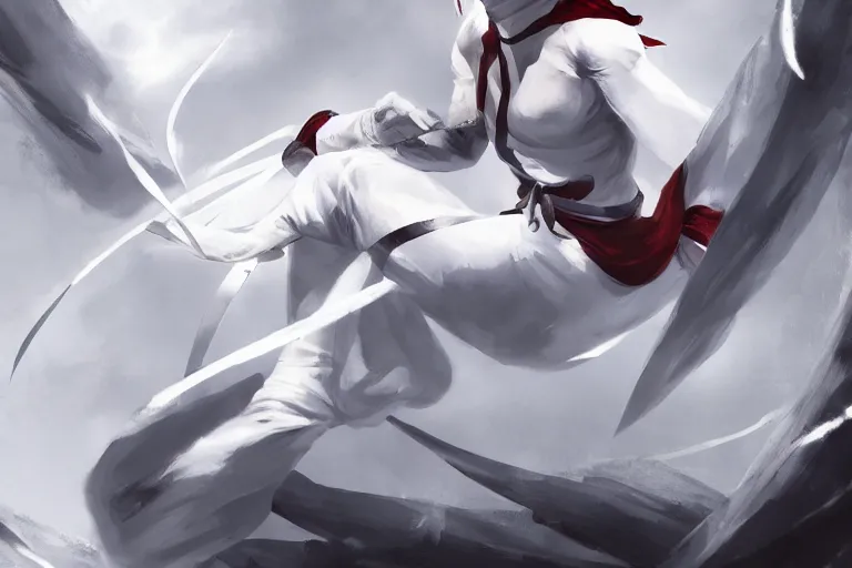 Prompt: a ninja dressed in tapered white satin clothes, the ninja is wielding spirit papers, dynamic, combat pose, digital painting, WLOP, trending on artstation, 8k, epic composition, highly detailed, sharp focus