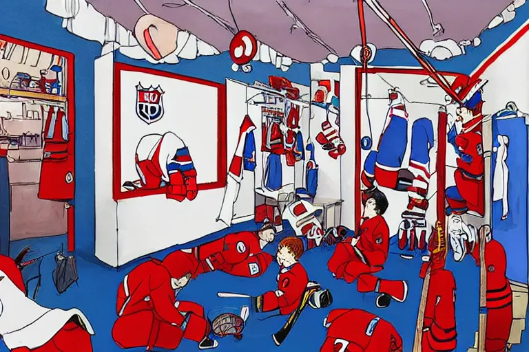 Image similar to habs hockey dressing room, style of studio ghibli + moebius + basquiat, cute,