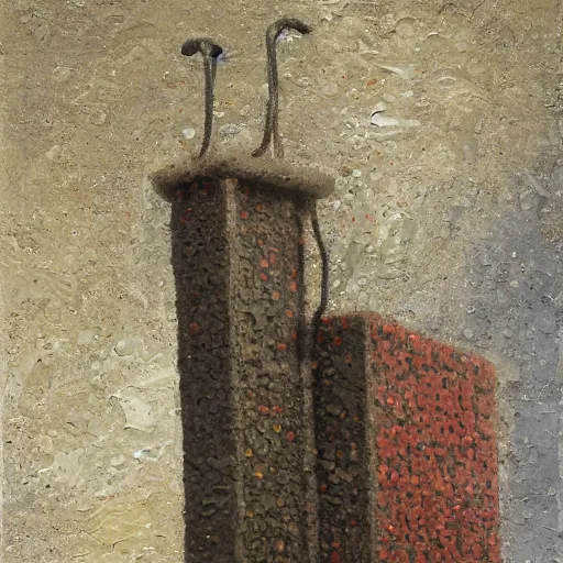 Image similar to a detailed, impasto painting by shaun tan and louise bourgeois of a conceptual forgotten sculpture by ivan seal and the caretaker