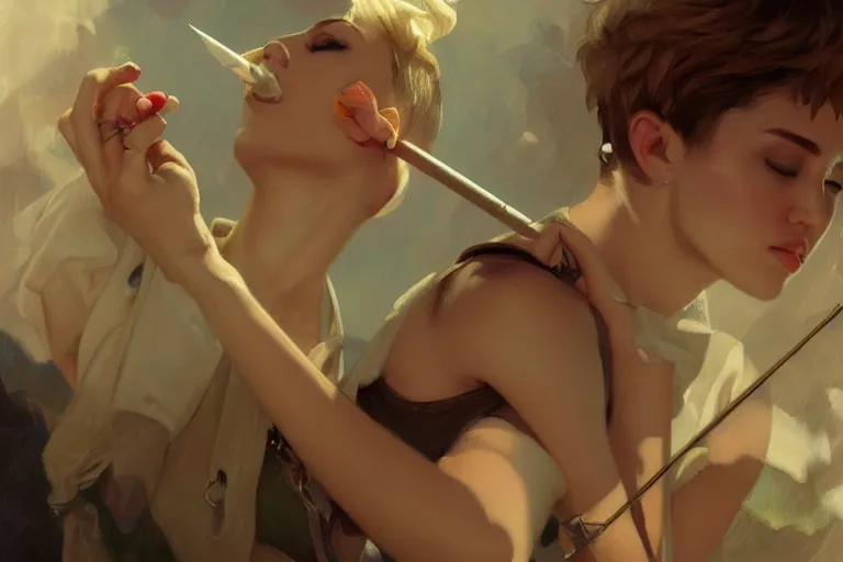 Prompt: Miley Cyrus smoking a joint, highly detailed, digital painting, artstation, concept art, smooth, sharp focus, illustration, art by Krenz Cushart and Artem Demura and alphonse mucha