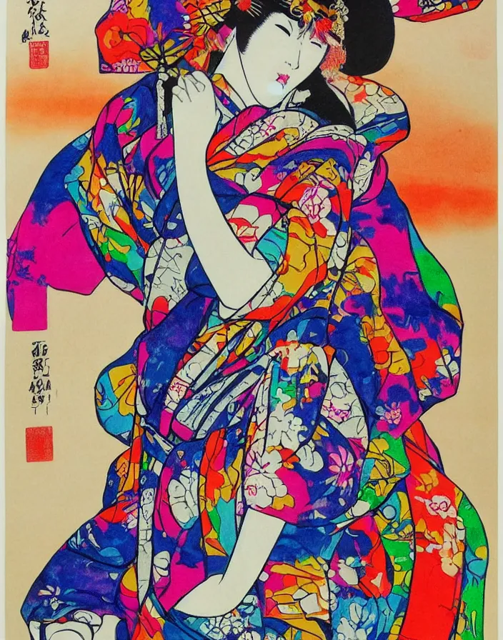 Image similar to ink on paper, a portrait of a geisha wearing a colorful kimono with graffiti tags, by goyo hashiguchi!!, colorful, xray melting colors!!