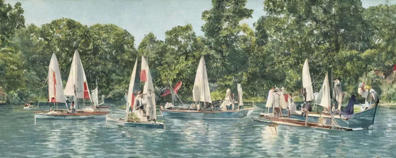 Image similar to a group ladies sailing 1920s pond yachts. Lush garden. Art nouveau architecture