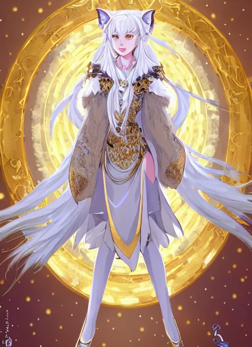 Image similar to commissioned full body portrait of a female anthro wolf princess fursona with white hair wearing a white and gold Japanese armored dress in a white and gold palace on a starry night with a large crescent moon, by a professional manga illustrator, Stanley Artgerm Lau, WLOP, Rossdraws, James Jean, Andrei Riabovitchev, Marc Simonetti, and Sakimichan, trending on artstation