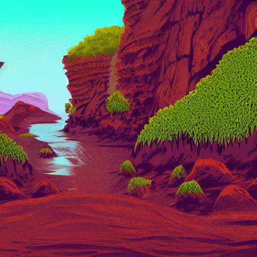 Image similar to digital artof a lush natural scene on an alien planet by lurid ( 2 0 2 2 ). beautiful landscape. weird vegetation. cliffs and water. interesting colour scheme. grainy and rough.