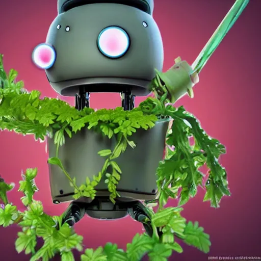 Prompt: photo of a cute robot made of plants wearing tomato hat and a chive sword, made in abyss style