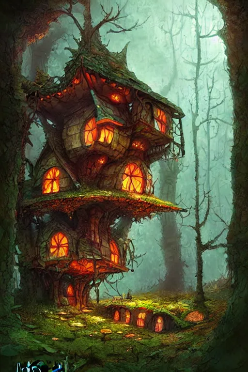 Image similar to a storybook style ramshackle multistory fairytale hut in the forest, artwork by Marc Simonetti