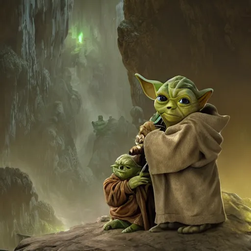 Image similar to yoda in a cave, hyper detailed, digital art, trending on artstation, cinematic lighting, studio quality, smooth render, unreal engine 5 rendered, octane rendered, art style by klimt and nixeu and ian sprigger and wlop and krenz cushart