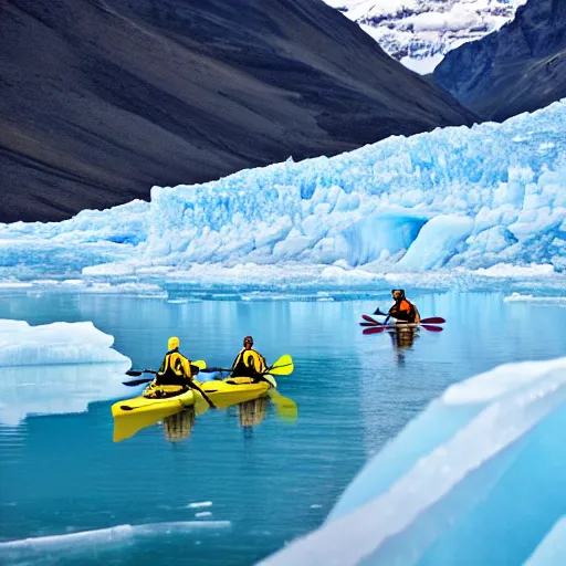 Image similar to two men kayaking atop a frozen glacier, national geographic, photo, hd