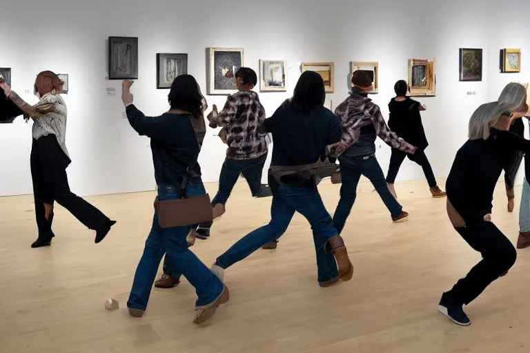 Prompt: a group of people attacking an art gallery show