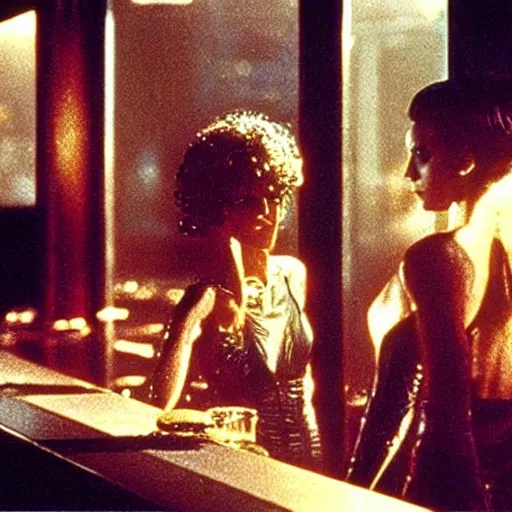 Prompt: 1 9 8 2 film stills of blade runner's rachel with beyonce, getting drinks at a futuristic bar. dark and atmospheric, touches of frank lloyd wright and syd mead,.