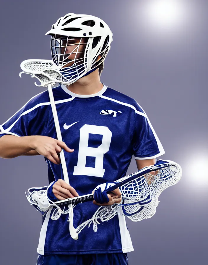 Prompt: closeup portrait of very beautiful cute male lacrosse player wearing a cascade xrs lacrosse helmet in a penn state stadium, glamour pose, particle effects, backlit, highly detailed, soft ambient lighting, sharp focus, rule of thirds, artgerm, wlop, arney freytag, rossdraws, frank frazetta, andrei riabovitchev, hd, octane, 4 k