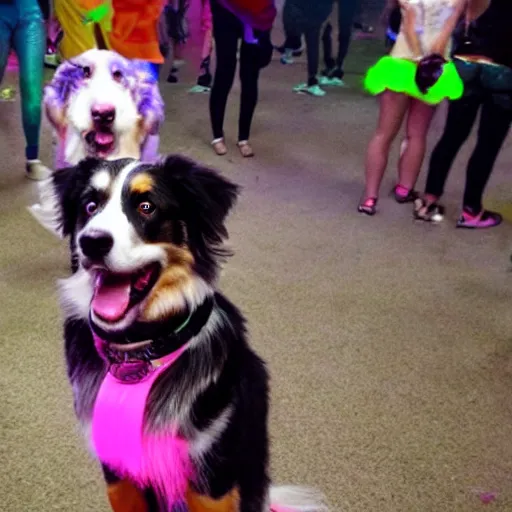 Image similar to australian shepherd at a rave party