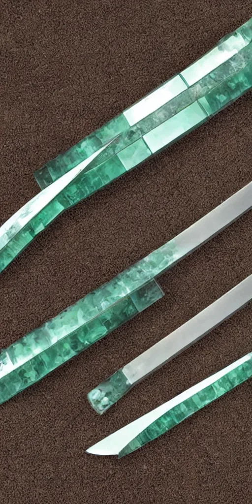Image similar to photograph of a wide green and teal crystal sword blade attached to a big gold sword hilt