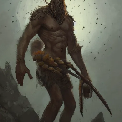 Prompt: a skinny weak male hunter from Stone Age, trying to survive surrounded by bees Greg Rutkowski and Raymond Swanland, Trending on Artstation, cloudy background, ultra realistic digital art