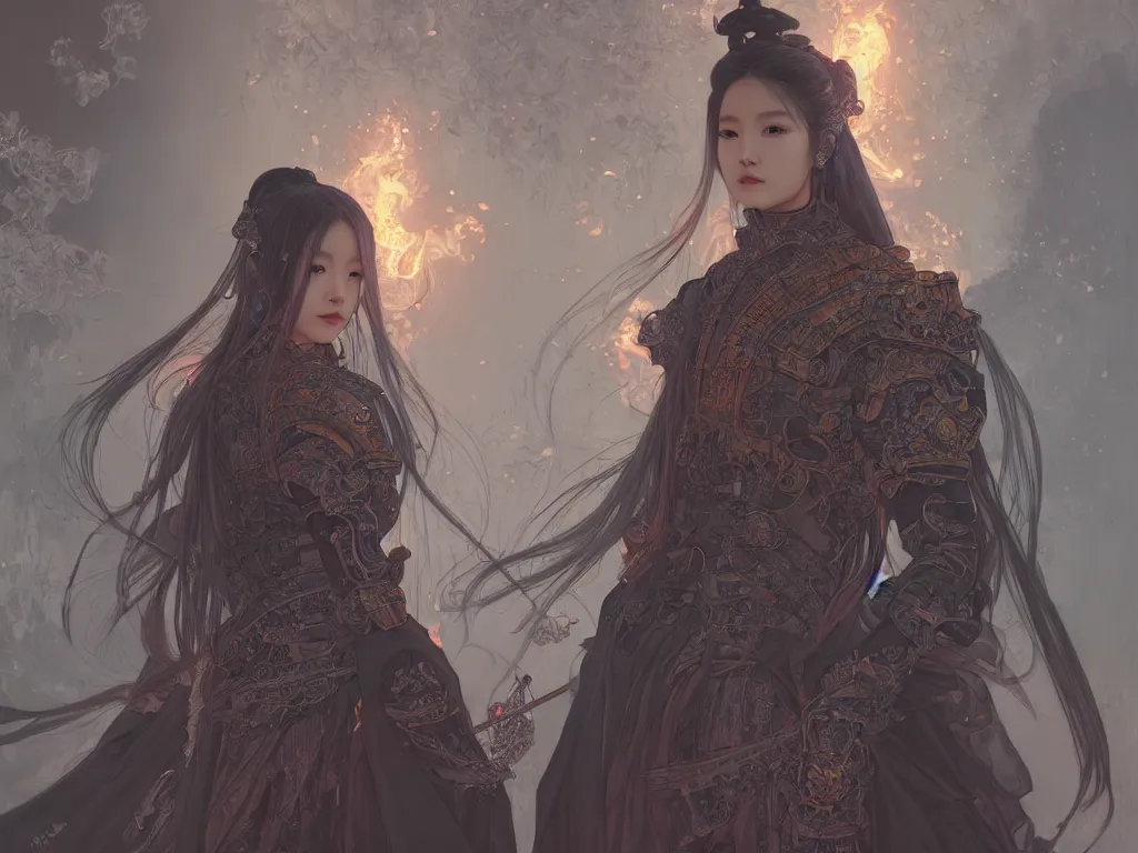 Image similar to portrait jisoo blackpink, grey hair armored samurai clothes, in fire japanese temple wet night, ssci - fi and fantasy, intricate and very very beautiful and elegant, digital painting, artstation, concept art, smooth and sharp focus, illustration, art by tian zi and wlop and alphonse mucha