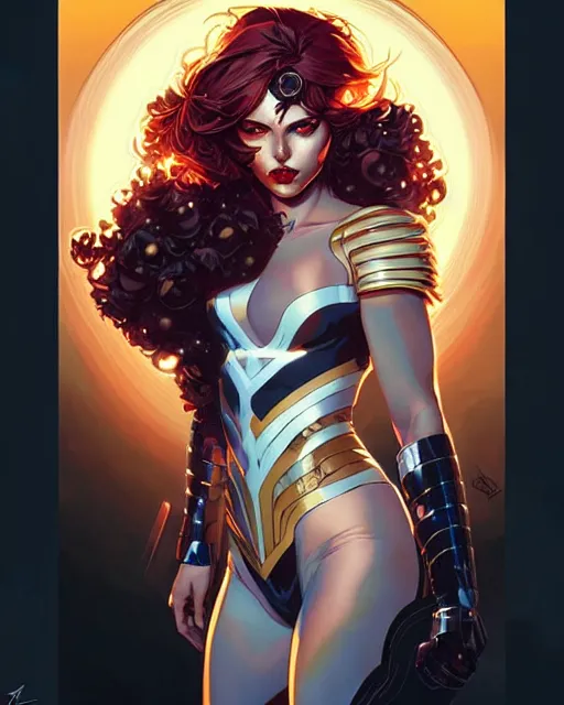 Image similar to artgerm, joshua middleton and sandra chevrier comic cover art, full body pretty female paladin, symmetrical eyes, long curly hair, beautiful, rim lighting, vivid colors