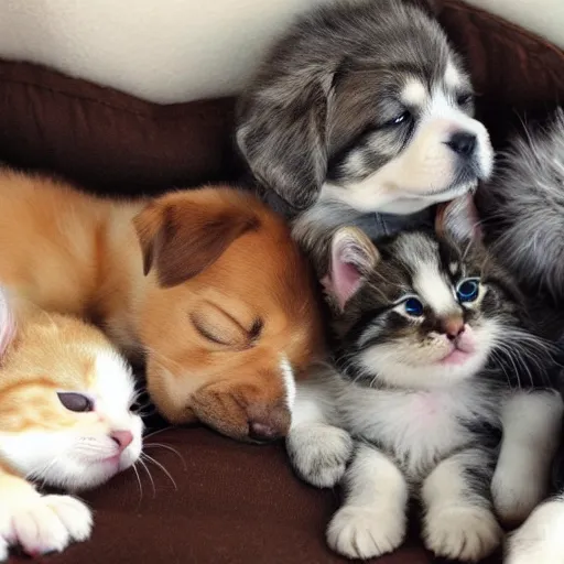 Image similar to puppies and kittens taking a nap together