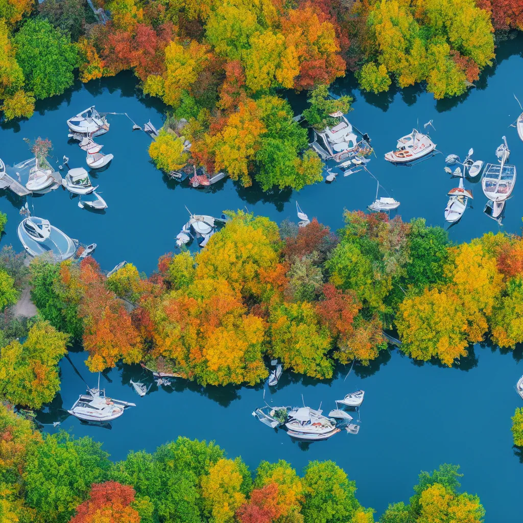 Prompt: ariel view of lake, silver cloud reflections, boats, colourful august foliage, very detailed, 4 k, professional photography