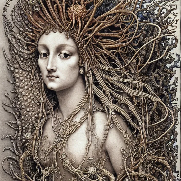 Prompt: realistic detailed face portrait of the goddess of the deep waters with an intricate headdress of corals, sea kelp, sea plants, fish, jellyfish, art by ernst haeckel, simon bisley, james jean, face in focus, art nouveau, neo - gothic, gothic, neoclassical,