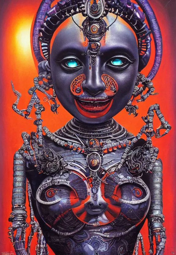 Image similar to biomechanical alien robot goddess kali, female, intense stare, sarcastic smile, symmetrical, concept art, intricate detail, volumetric shadows and lighting, realistic oil painting, 1 9 7 0 psychedelic soviet poster,