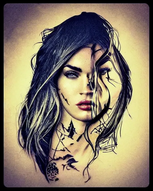 Prompt: megan fox creative double exposure effect with beautiful mountain scenery, medium sized tattoo sketch, amazing detail, trending on pinterest, in the style of brandon kidwell, mash up