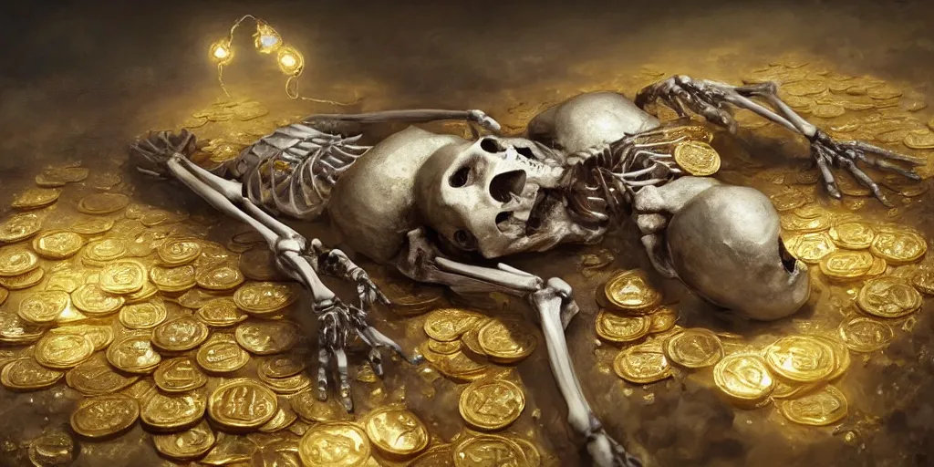 Image similar to concept art of a skeleton laying in the middle of golden coins and precious jewels, pearl, rubi, diamonds, painting by wlop, nixeu and greg rutkowski, beautiful, semirealism, artstation, octane render, oil painting, sharpness, 8 k, golden ratio