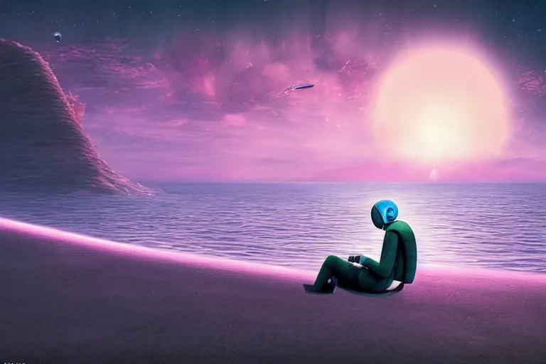 Prompt: gediminas pranckevicius astronaut sitting at the beach next to his spaceship on a pink, blue, purple alien planet watching the sunset, surreal photography, dark night, stars, planets, moon light,