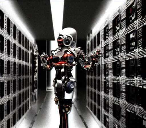 Image similar to high detailed industreal cyborg working in sci - fi server room. cinematic shot from odyssey 2 0 0 1 by stanley kubrick