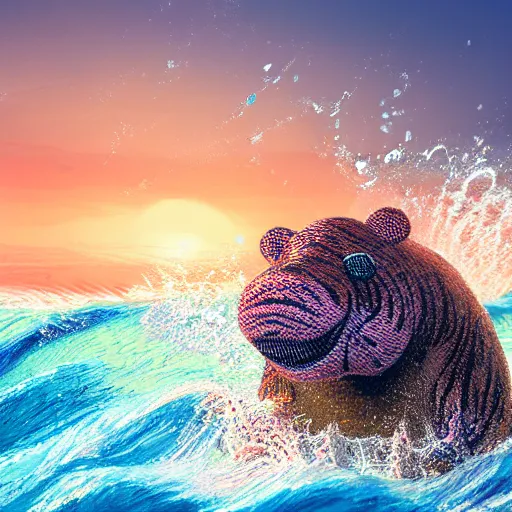 Image similar to a closeup photorealistic photograph of a cute smiling knitted tiger hippopotamus splashing in the waves at sunset. surf in background. professional capture. brightly lit scene. this 4 k hd image is trending on artstation, featured on behance, well - rendered, extra crisp, features intricate detail, epic composition and the style of unreal engine.