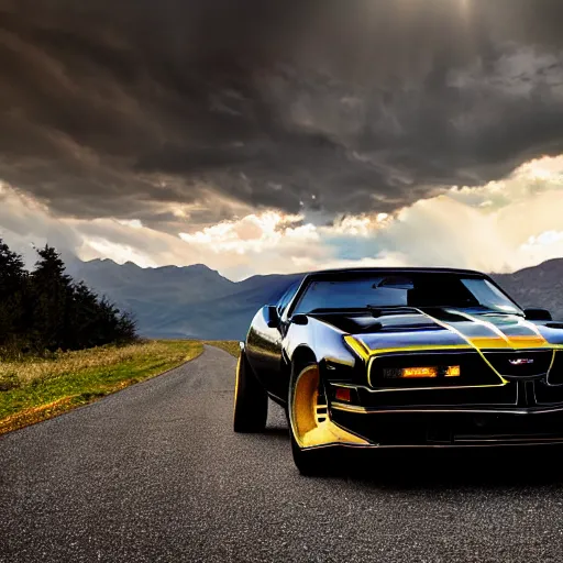 Image similar to black pontiac firebird trans - am driving towards the camera, mountain, valley, breathtaking mountains, lake, dynamic, sunrise, cinematic, motionblur, sunbeams, volumetric lighting, wide shot, low angle, mind flayer, lightning, mind flayer, lightning creature