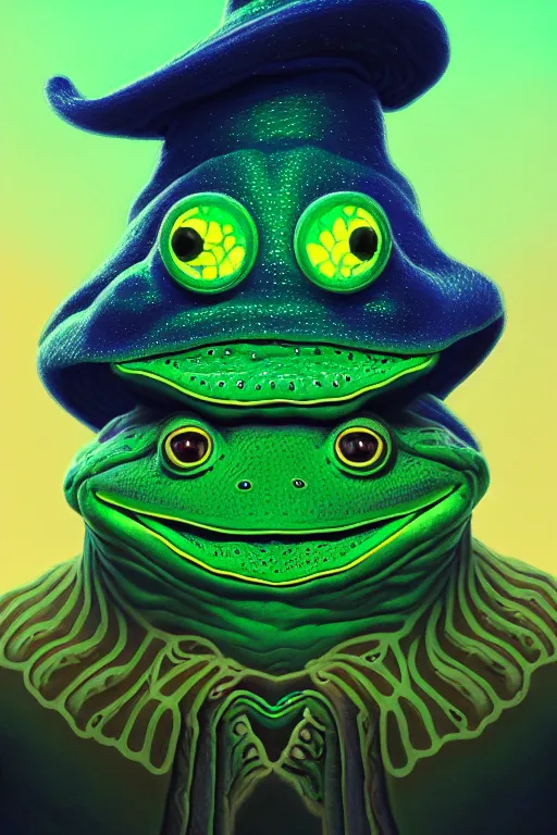 Image similar to Bioluminescent, portrait of frog wearing wizard hat, very intricate , trending on artstation , very elegant, in the golden hour by Dan Mumford and Moebius and Daniel Merriam, Trending on Artstation, oil on Canvas by Elena Zhurikhina and Goro Fujita and Charlie Bowater, octane render, 4k, 8k, HD