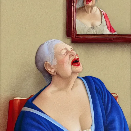 Image similar to a very funny stylize oil painting in renaissance style of a sweet fat old woman kissing her reflection. symmetry face, red mouth, blue eyes. flowery dress. hyper realistic scene. 3 d, octane render, deep focus, white scene. very funny and sweet image. unreal engine. watercolor. fellini style. poster quality. klee style.