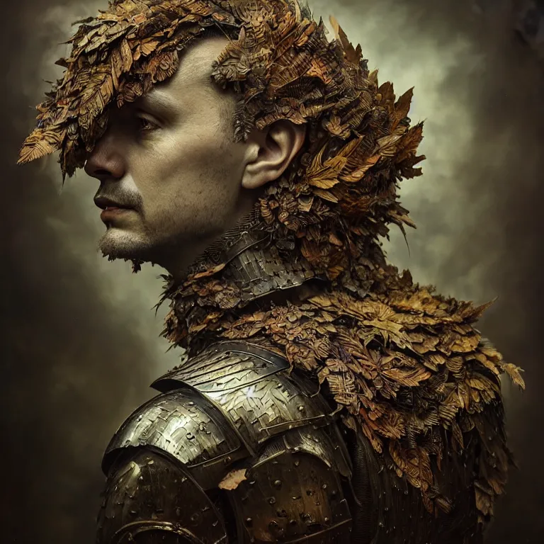 Image similar to old tintype portrait of a realistic complete armour made of leaves, dramatic light, dystopian environment, intricate, elegant, highly detailed, centered headdress, artstation, sharp focus, artgerm, tomasz alen kopera, peter mohrbacher, donato giancola, joseph christian leyendecker, wlop, boris vallejo, frank frazetta