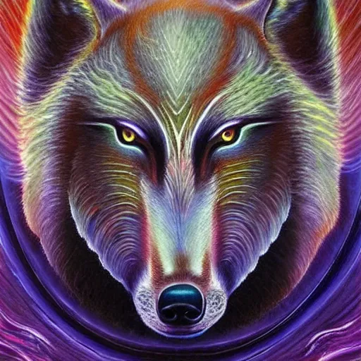 Prompt: enlightened spirit wolf teacher by MICHAEL DIVINE and by AMANDA SAGE in the style of oil painting visionary art, trending on artstation, very coherent symmetrical artwork, oil painting