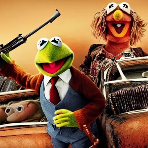 Image similar to the Muppets: mad max, lots of guns, photo