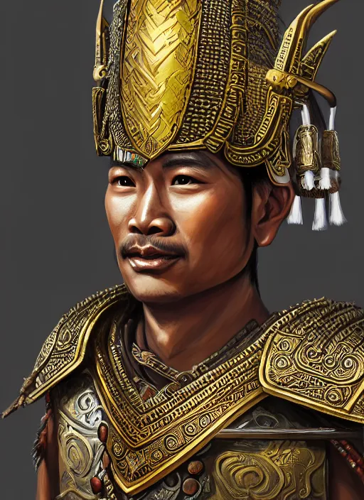 Prompt: smart tai warlord of lanna, chiang mai, closeup portrait, without beard and mustache, historical hero, ethnic group, tai costume, thai traditional bronze headdress, intricate, with leather armor cross on bare chest, elegant, loin cloth, highly detailed, oil painting, artstation, concept art, matte, sharp focus, illustration, hearthstone, art by earl norem