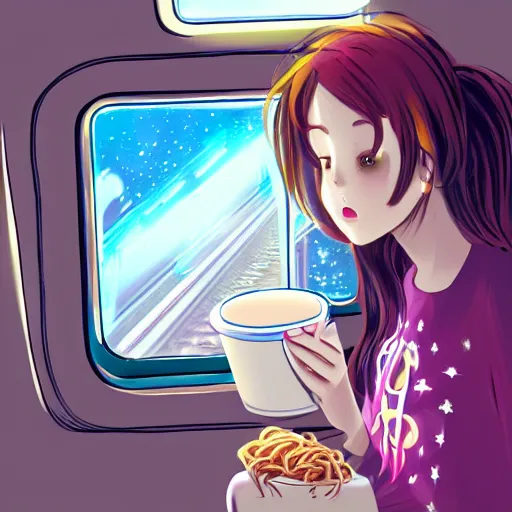 Prompt: girl sitting on a subway train eating cup noodles, the interior of the train is decorated like a teenager's room, galaxies are seen from the train window, anime, digital art, still film