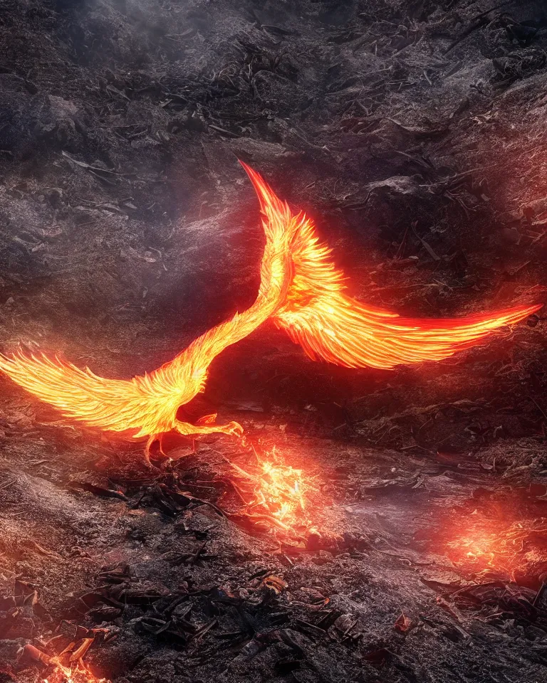 Image similar to a beautiful and imaginary photoreaslistic render of a burning steel phoenix rising out of the dirt and ashes, ethereal lighting, pixie dust magic, brilliant glow, cinematic, epic, epic scale ultrawide angle, deep vivid colors,