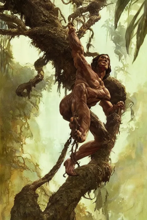 Image similar to tarzan swinging from a tree, by Frank Frazetta, Greg Rutkowski, Boris Vallejo, epic fantasy character art, Exquisite detail, post-processing, low angle, masterpiece, cinematic